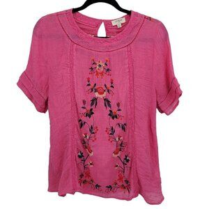 Umgee womens medium pink boho floral embroidered short sleeve blouse rayon blend